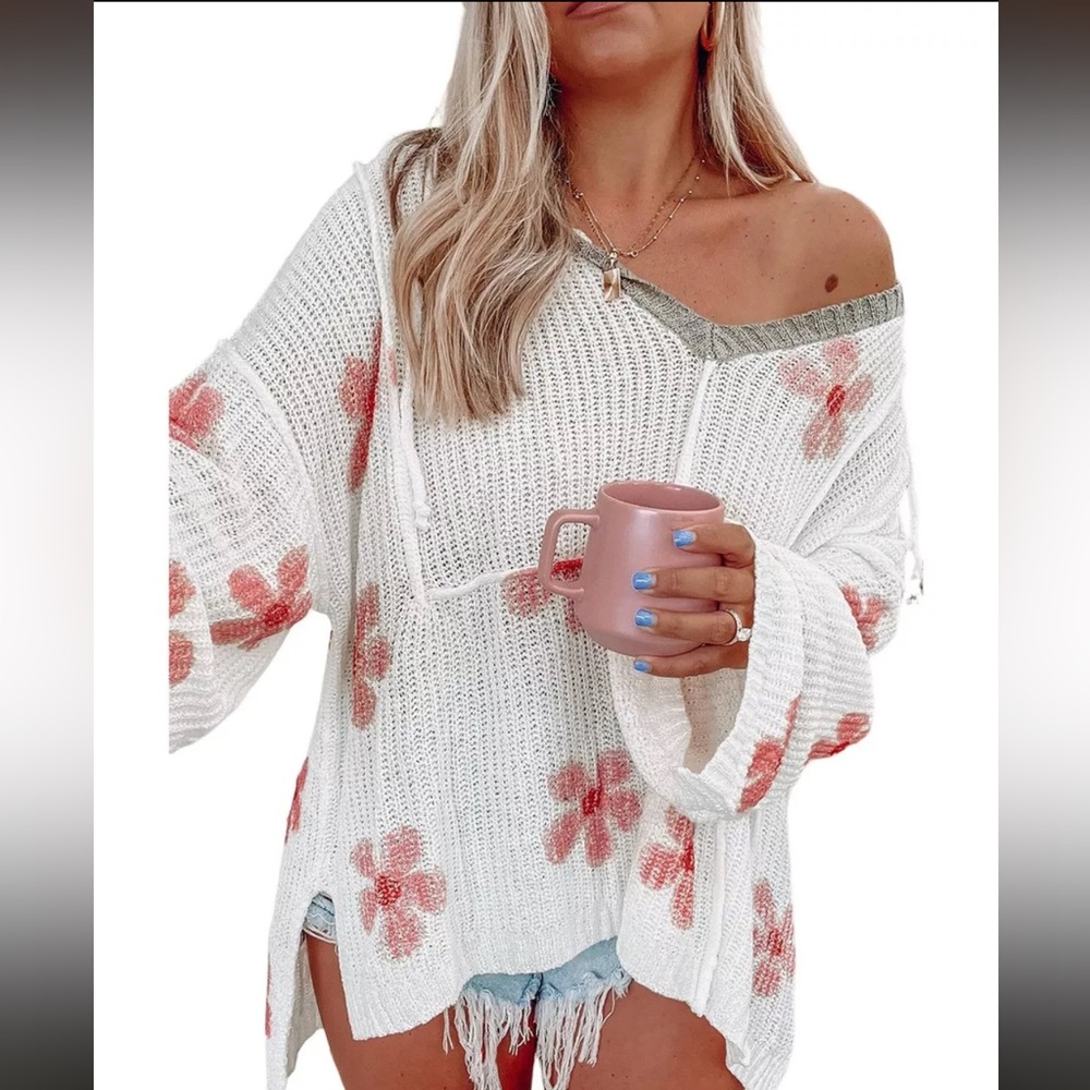 POL  Daisy Flower Print V Neck‎ Lightweight Hoodie Sweater Very Oversized - Picture 5 of 12